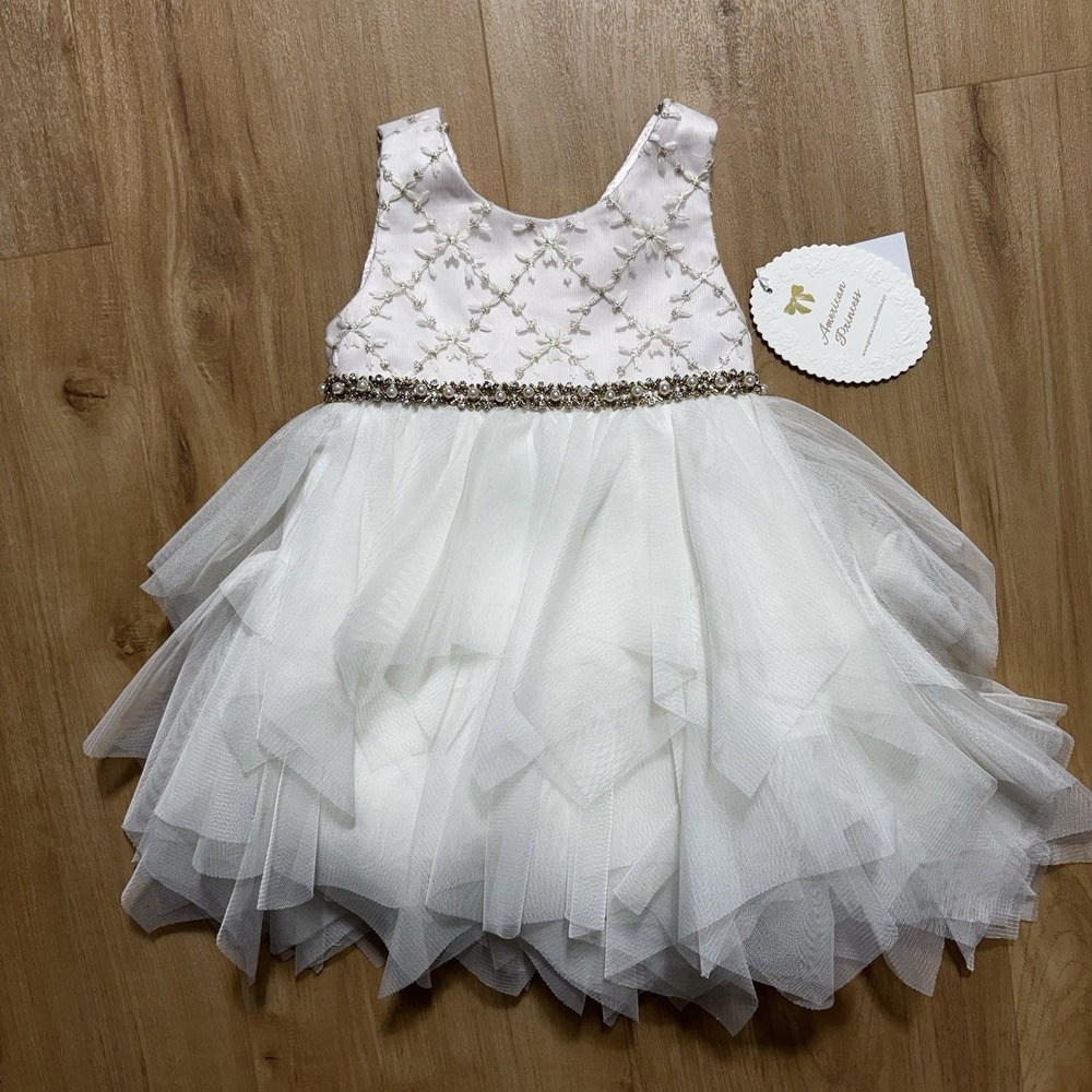 NWT Americana Princess Dress Pink Cream Tulle Embroidered Gold Belt 24 Months